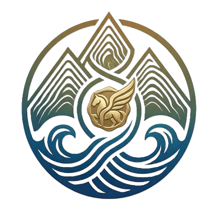 Spiagge di Calabria emblem with mountains, sea, and a winged horse